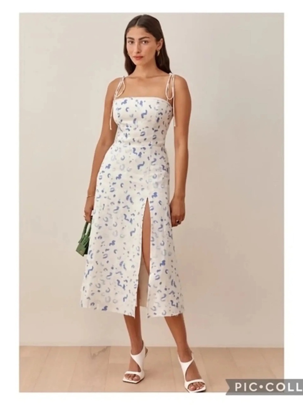 Reformation Cream and Blue Printed Tie-Strap Midi Dress